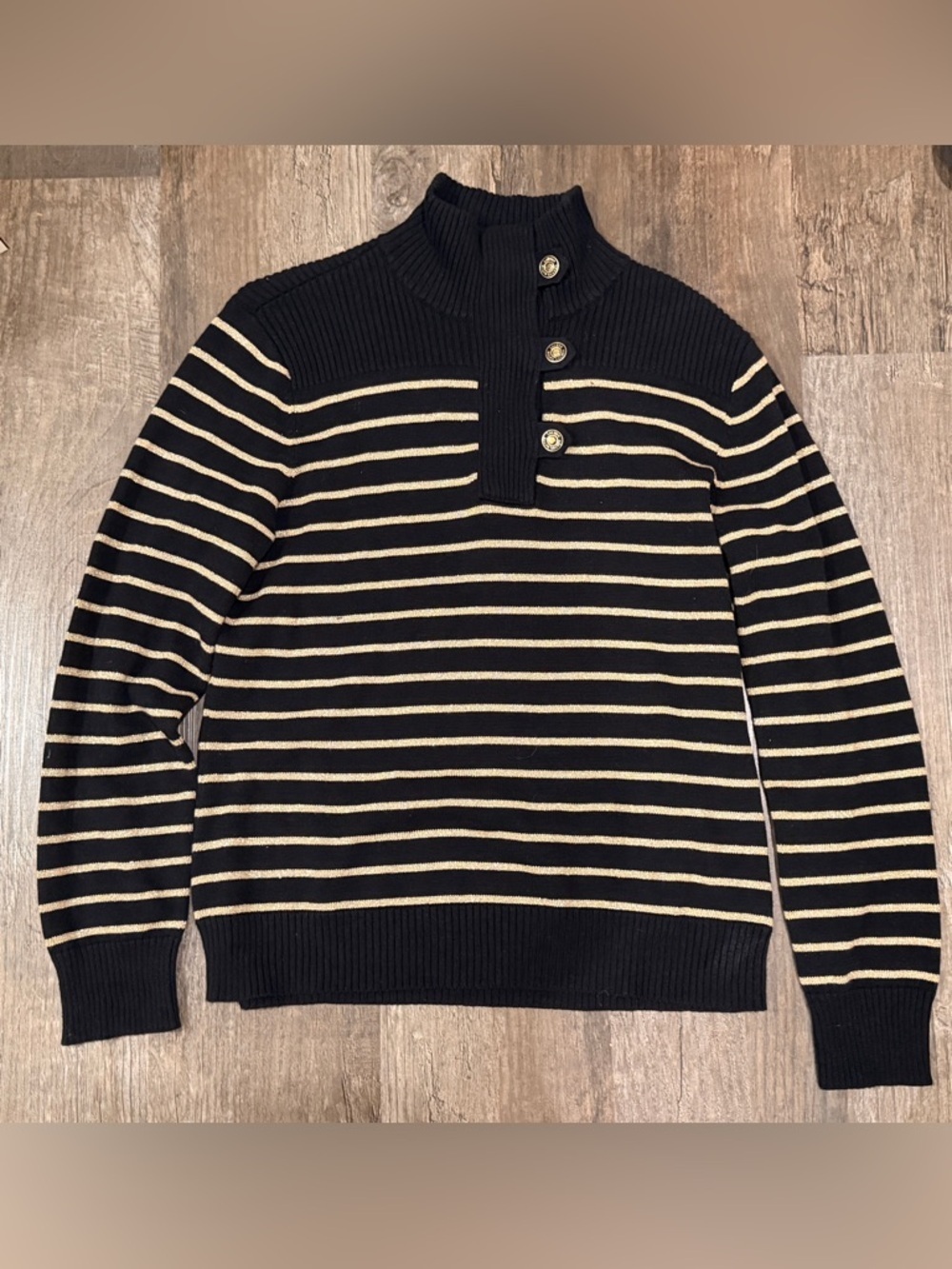 FINAL PRICE Lauren Ralph Lauren Black and Metallic Gold Striped Turtleneck